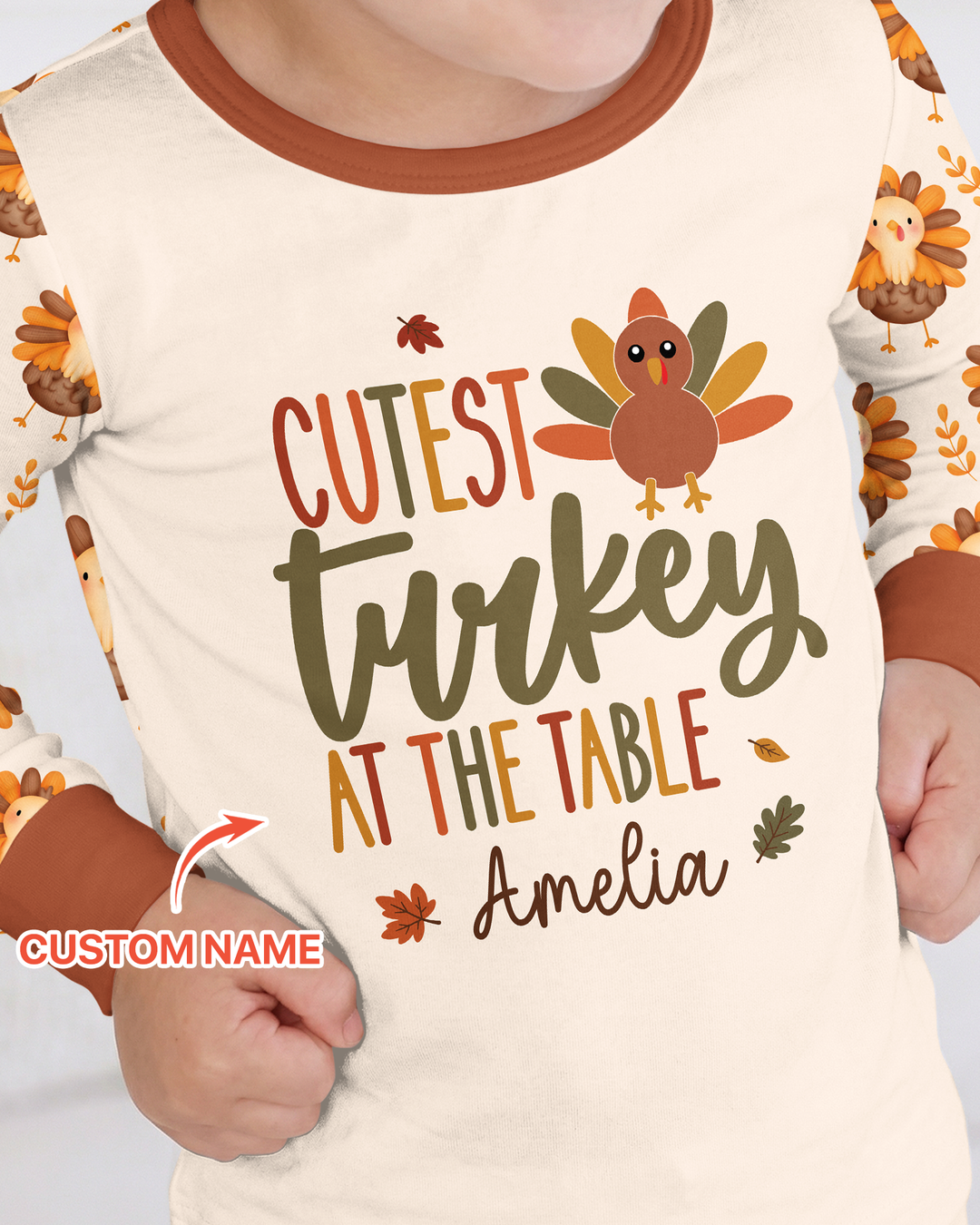 Custom Name Cutest Turkey At The Table Bamboo Two Piece Long Sleeve Pajama Set