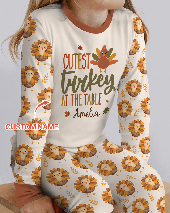 Custom Name Cutest Turkey At The Table Bamboo Two Piece Long Sleeve Pajama Set