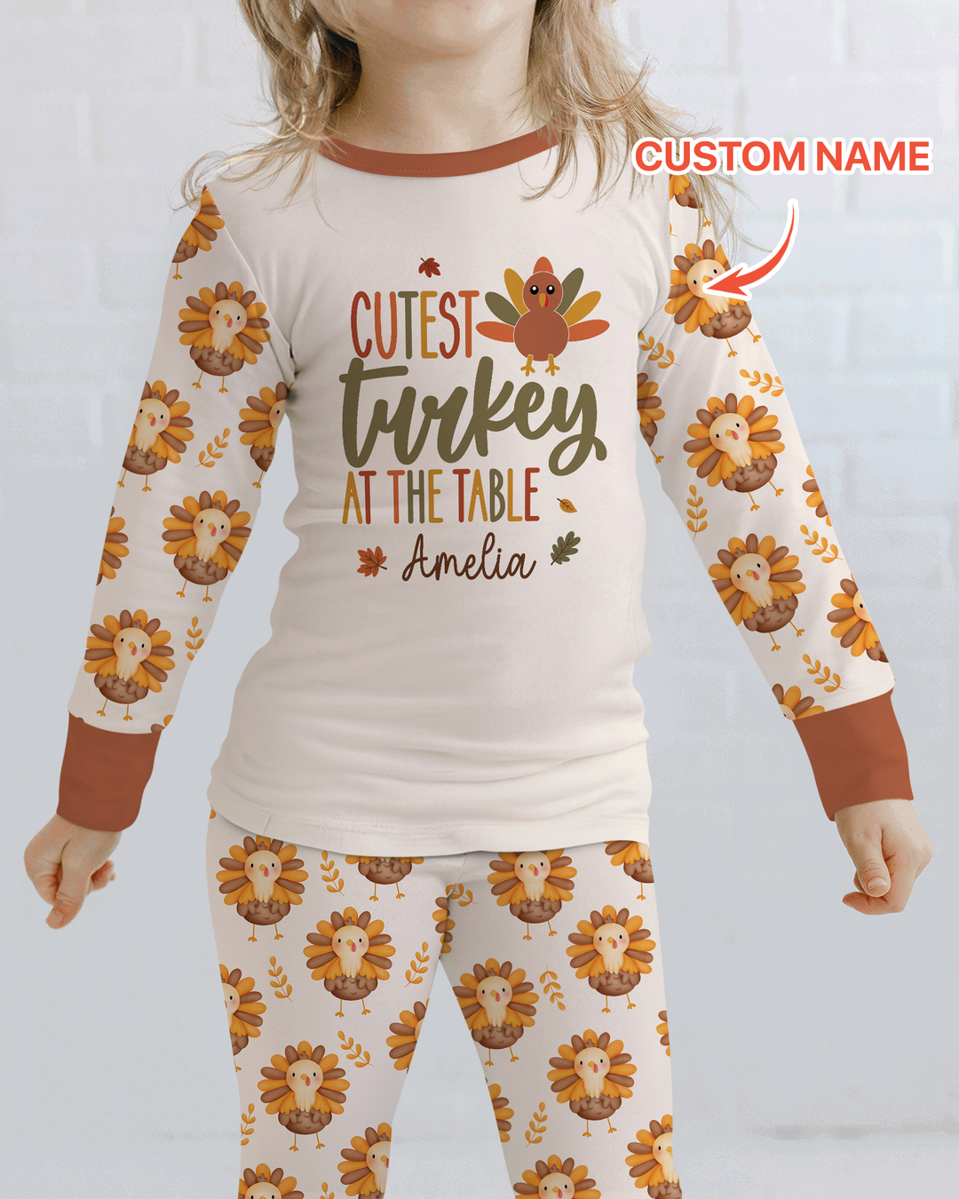Custom Name Cutest Turkey At The Table Bamboo Two Piece Long Sleeve Pajama Set