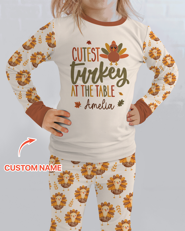 Custom Name Cutest Turkey At The Table Bamboo Two Piece Long Sleeve Pajama Set