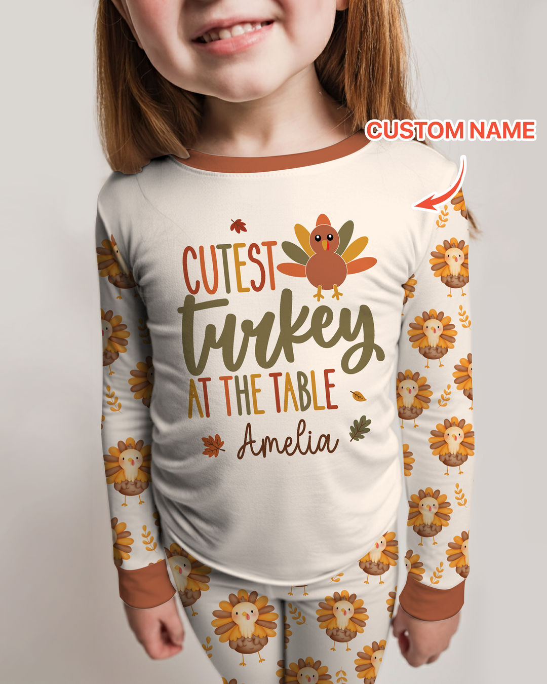 Custom Name Cutest Turkey At The Table Bamboo Two Piece Long Sleeve Pajama Set