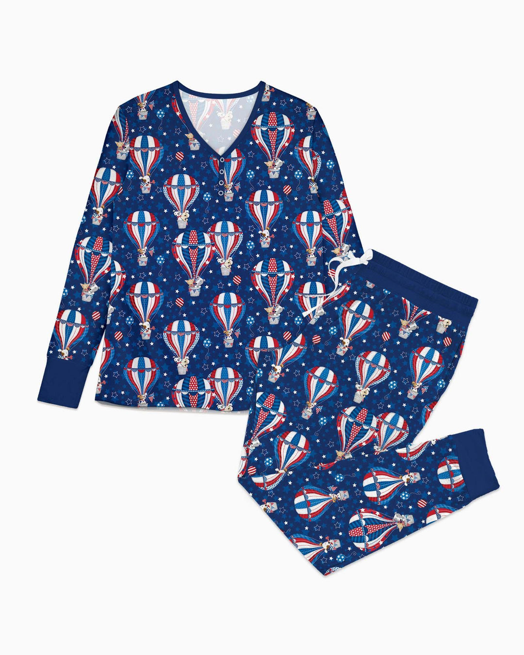 Conjunto de pijama de bambú para mujer a juego con la familia, diseño de cachorros patrióticos en globos aerostáticos