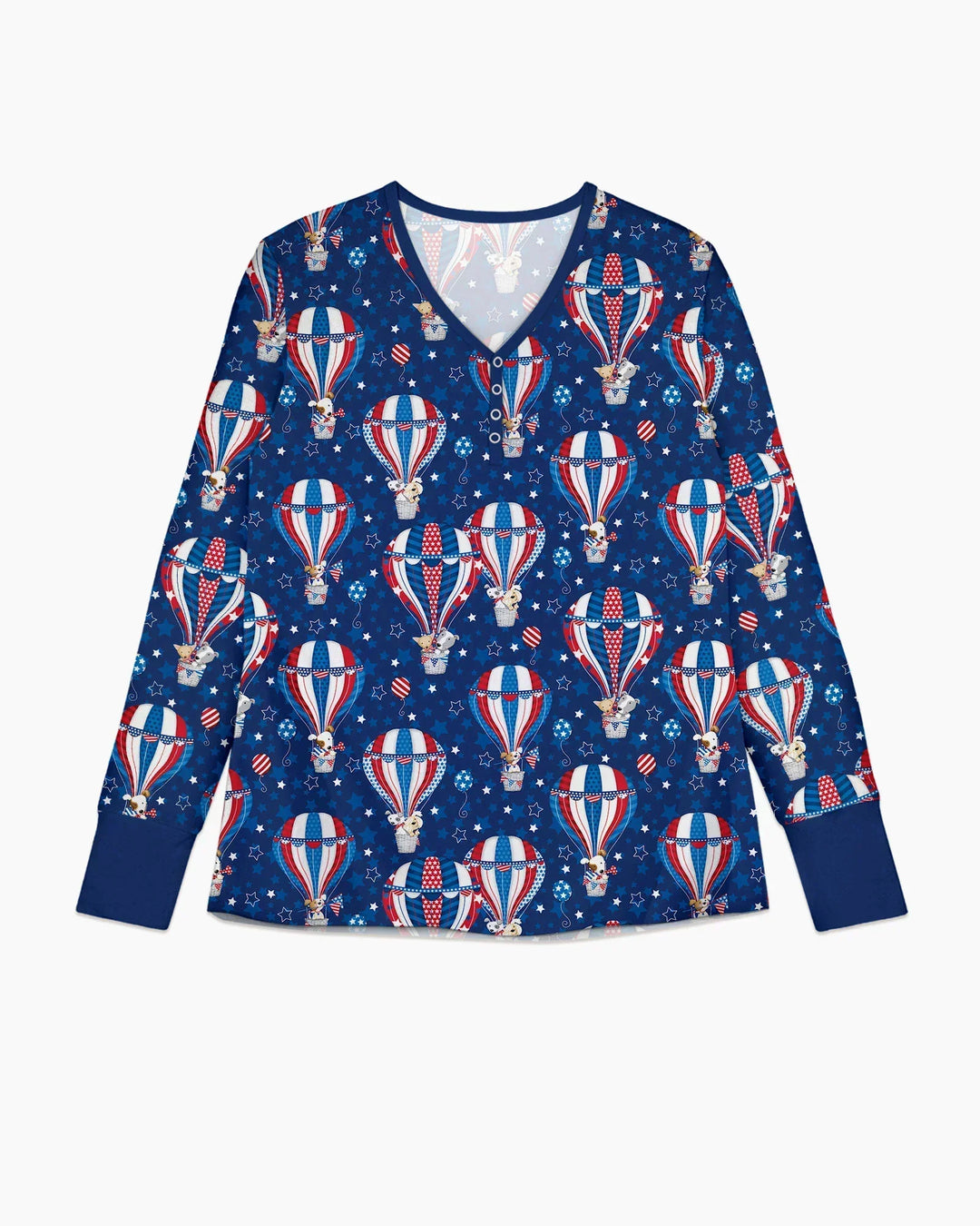 Conjunto de pijama de bambú para mujer a juego con la familia, diseño de cachorros patrióticos en globos aerostáticos