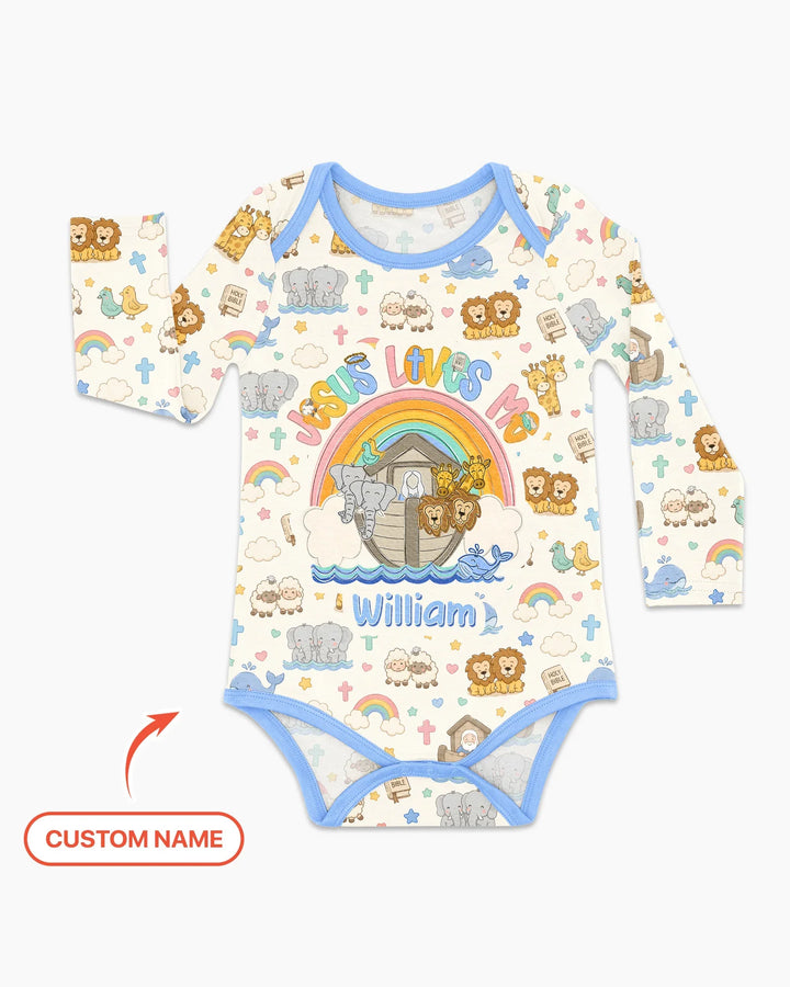 Custom Name Noah's Ark Jesus Loves Me Bamboo Bodysuit