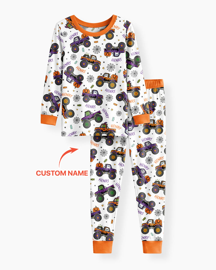 Custom Name Halloween Monster Truck Bamboo Two Piece Long Sleeve Pajama Set