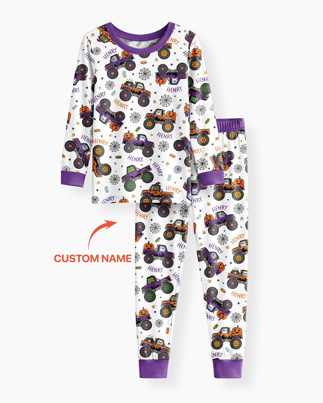 Custom Name Halloween Monster Truck Bamboo Two Piece Long Sleeve Pajama Set