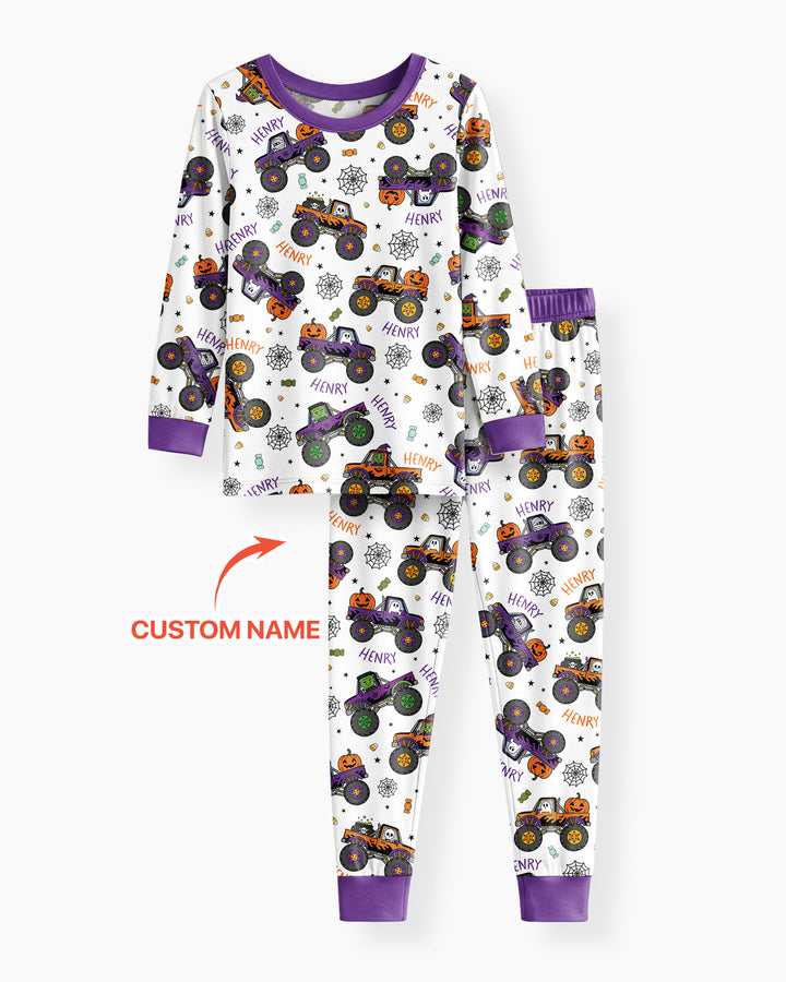 Custom Name Halloween Monster Truck Bamboo Two Piece Long Sleeve Pajama Set