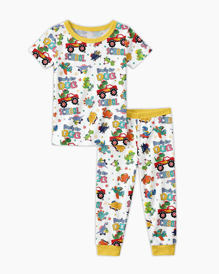 First Day of Preschool T-Rex Bamboo Two Piece Short Sleeve Pajama Set