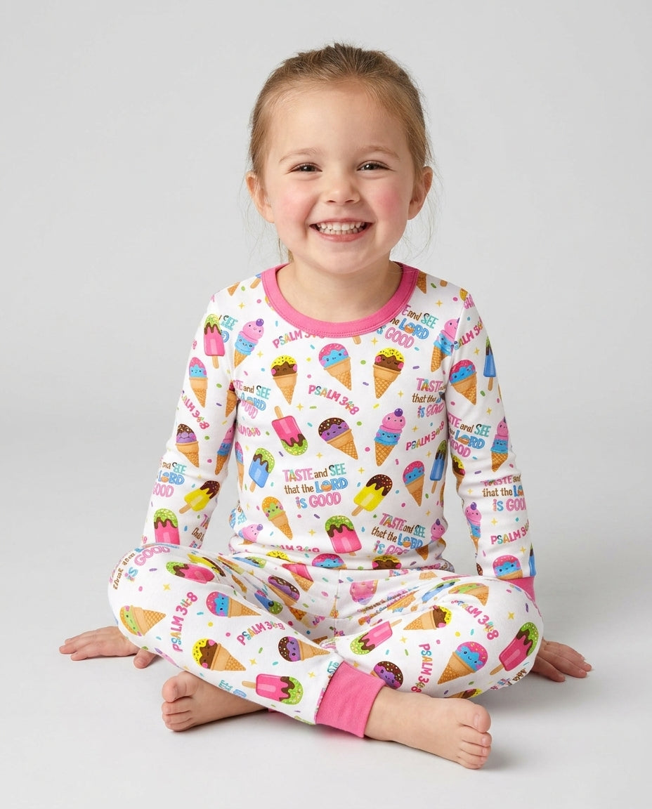 Jesus Summer Ice Cream Taste and See That The Lord Is Good Bamboo Two Piece Long Sleeve Pajama Set