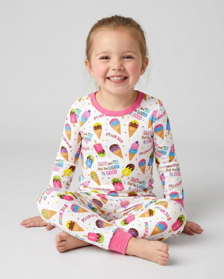 Jesus Summer Ice Cream Taste and See That The Lord Is Good Bamboo Two Piece Long Sleeve Pajama Set