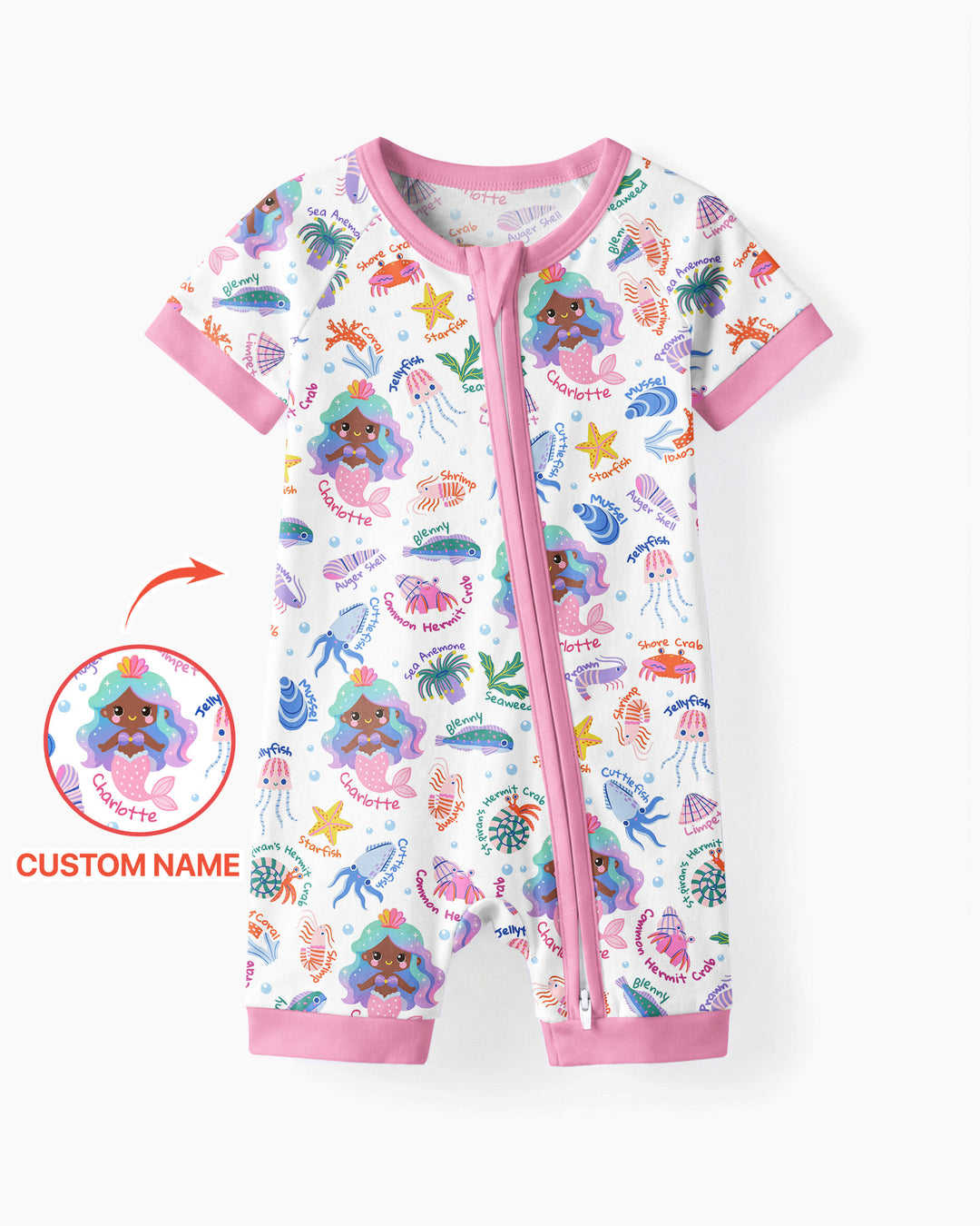 Personalized Cute Mermaid Bamboo Shorty Zippy