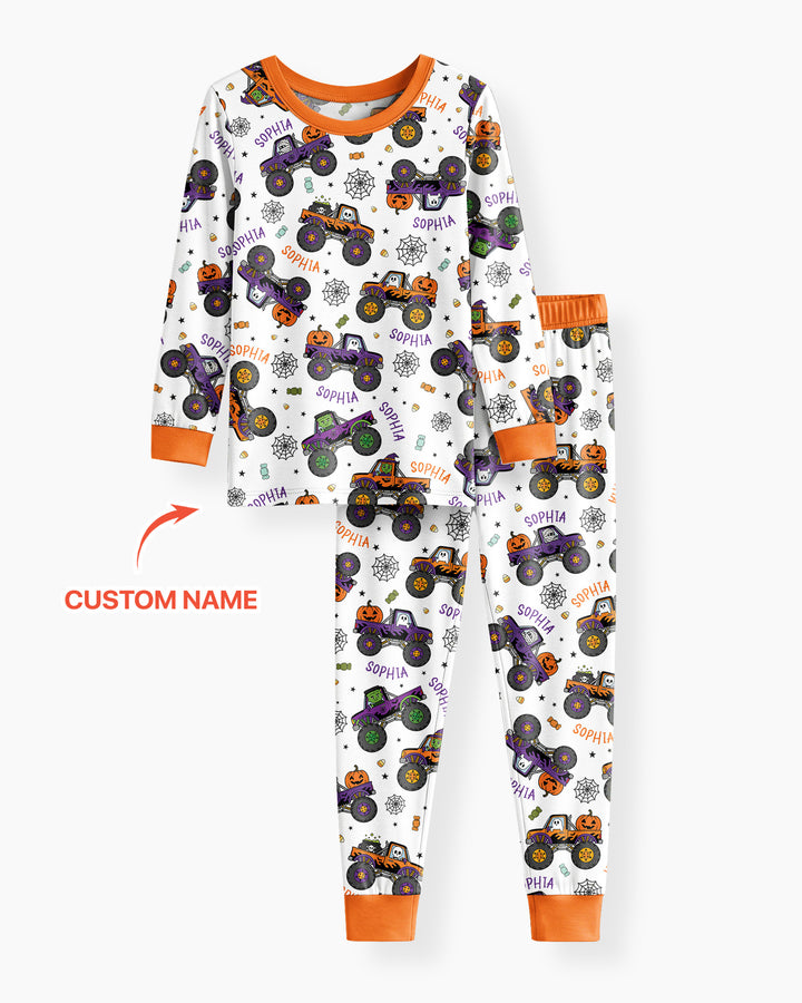 Custom Name Halloween Monster Truck Bamboo Two Piece Long Sleeve Pajama Set