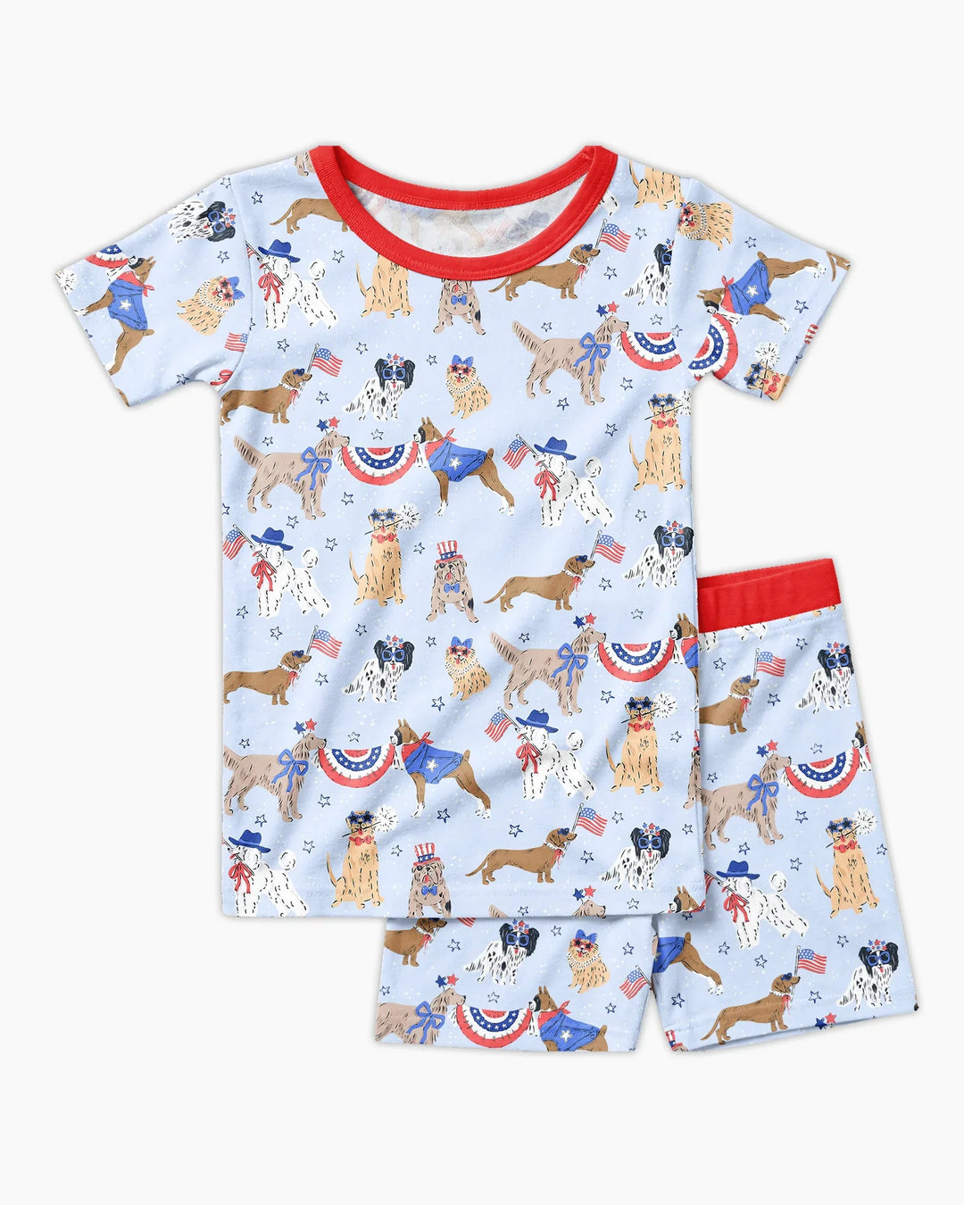 Conjunto de pijama de dos piezas de bambú a juego para la familia, con estampado de "Patriotic Pups", de manga corta y pantalón corto