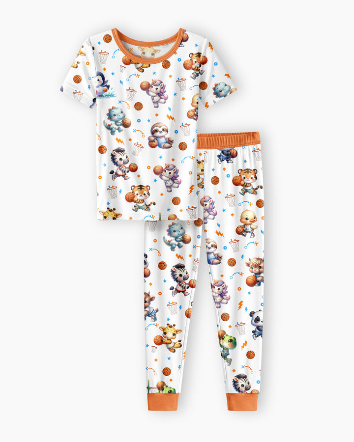 Cartoon Basketball Animals Bamboo Two Piece Short Sleeve Pajama Set