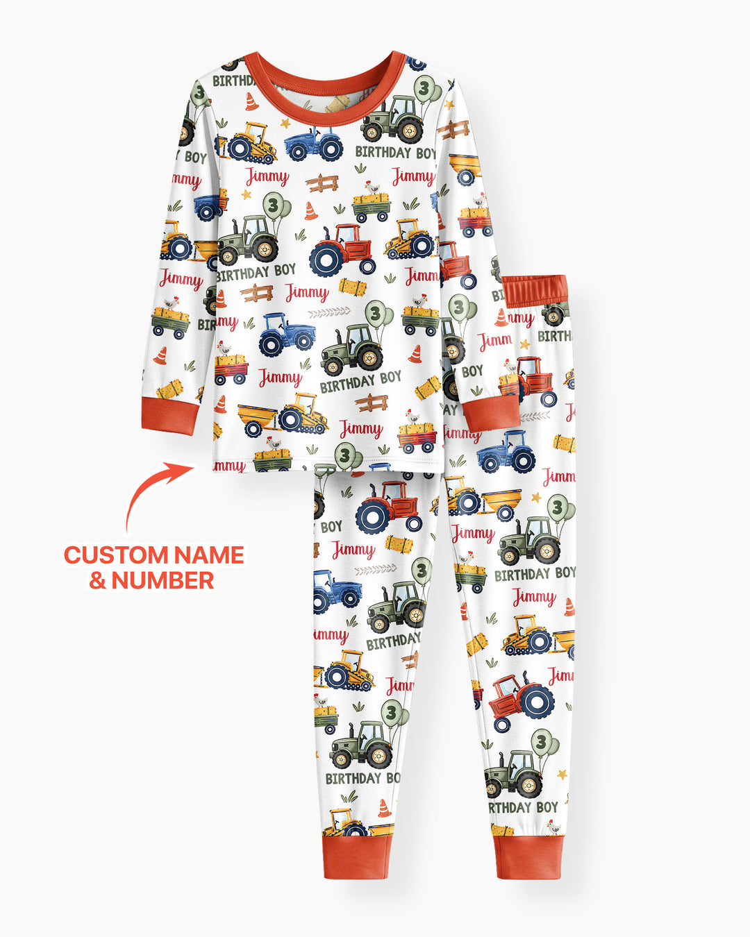 Custom Name and Age Tractor Birthday Boy Bamboo Two Piece Long Sleeve Pajama Set