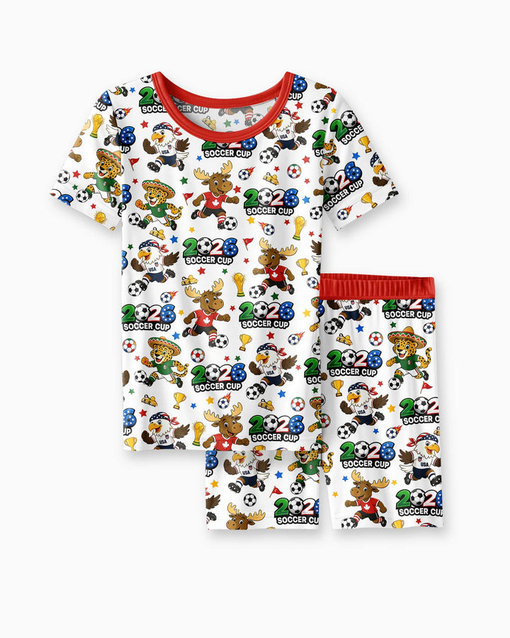 Soccer Cup Cute Mascots Two Piece Short Sleeve Shorts Pajama Set