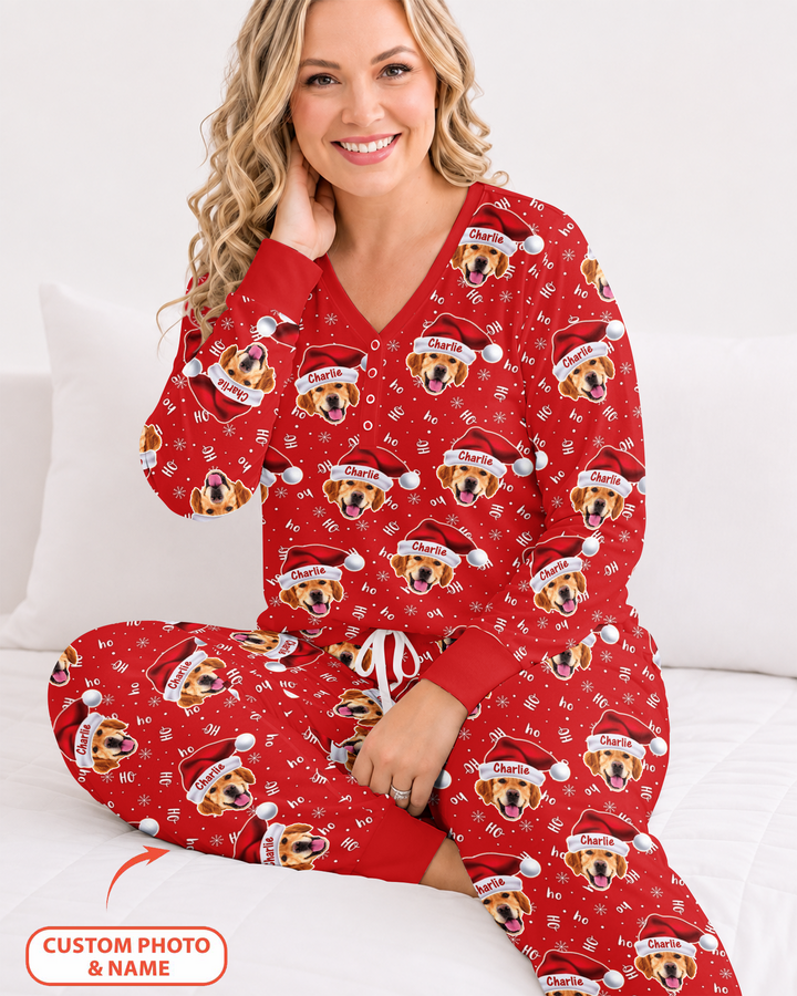 Custom Dog Photo Santa Claus Bamboo Women Pajama Set