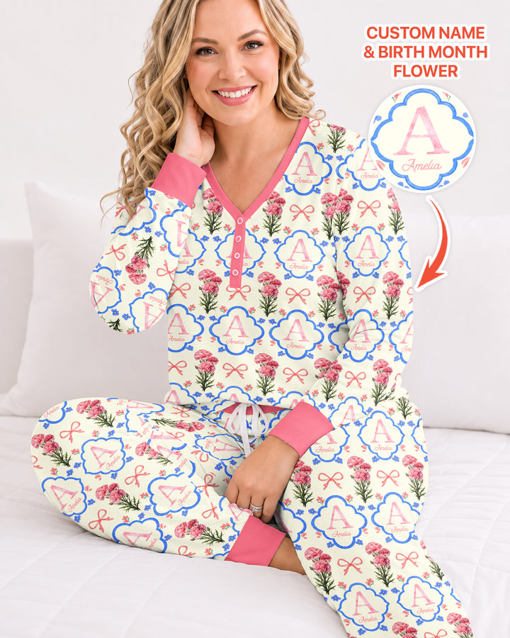 Personalized Birth Flower Mommy And Me Matching Bamboo Women Pajama Set