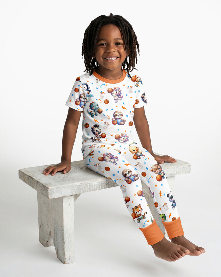 Cartoon Basketball Animals Bamboo Two Piece Short Sleeve Pajama Set