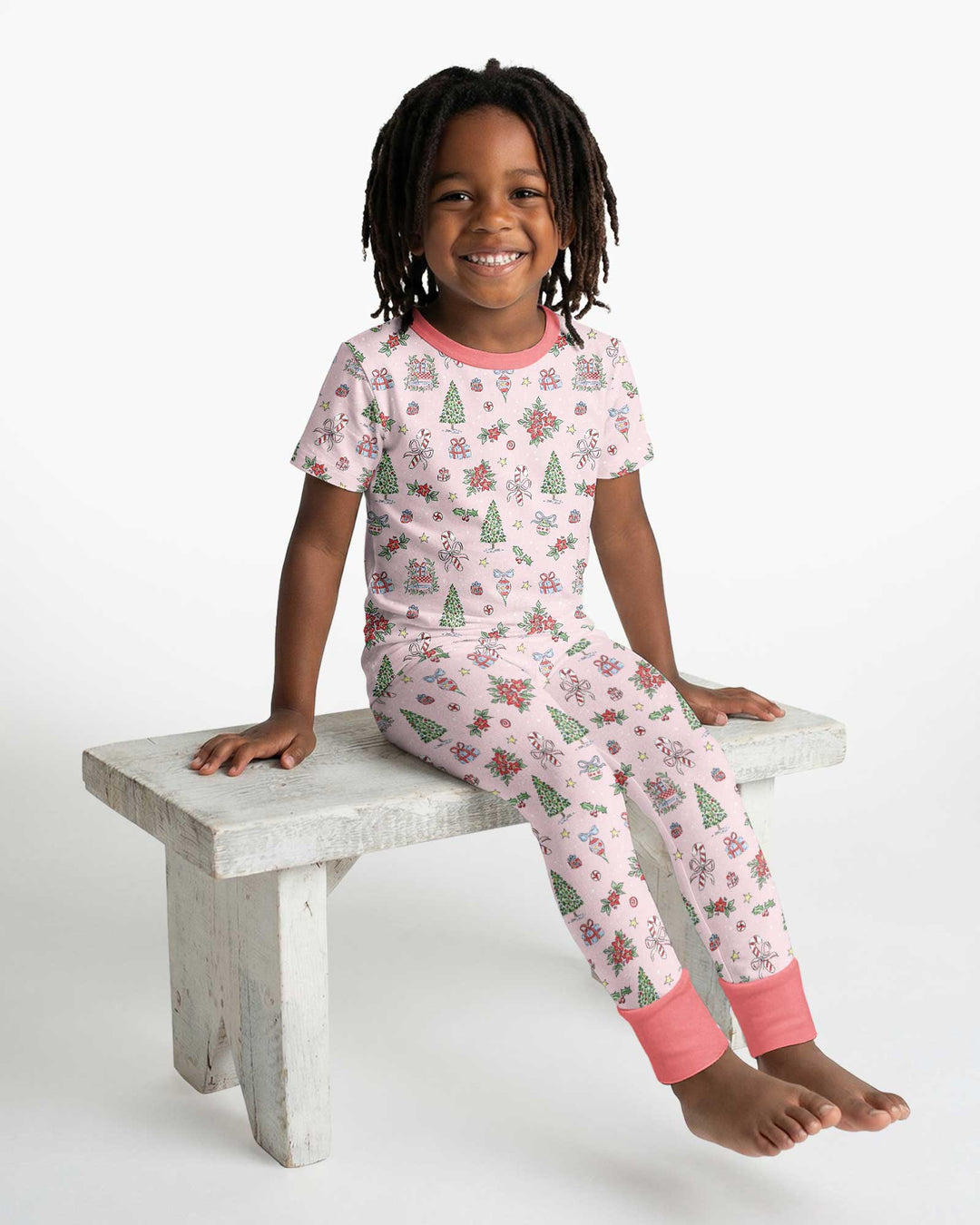 Watercolor Pink Christmas Holidays Christmas Tree Gifts Candy Cane Bamboo Two Piece Short Sleeve Pajama Set