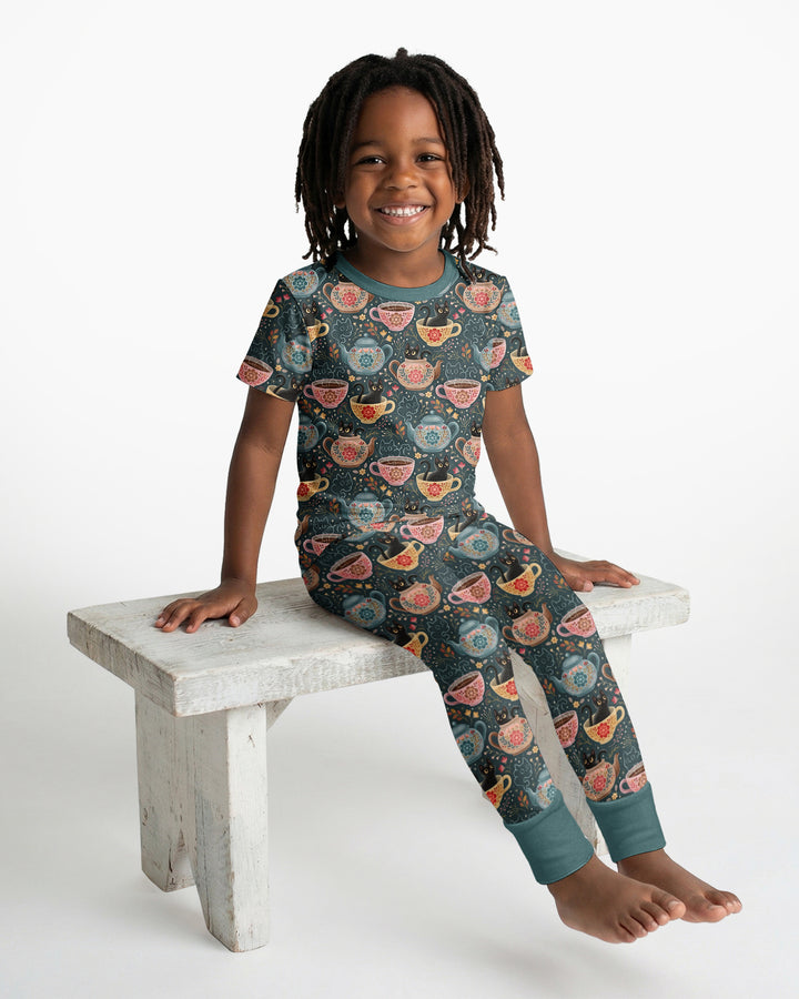 Folk Floral Black Cat Tea Party Bamboo Two Piece Short Sleeve Pajama Set