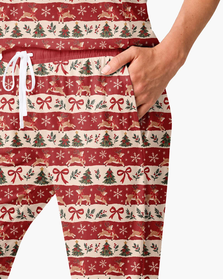 Vintage Reindeer Christmas Stripes Bamboo Women Pajama Set