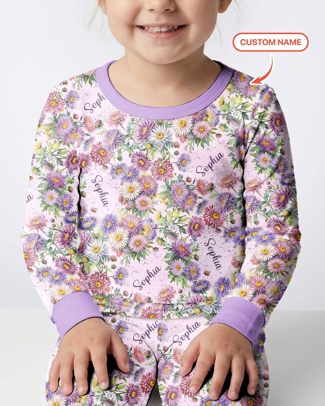Custom Name Birth Month Flowers Bamboo Two Piece Long Sleeve Pajama Set