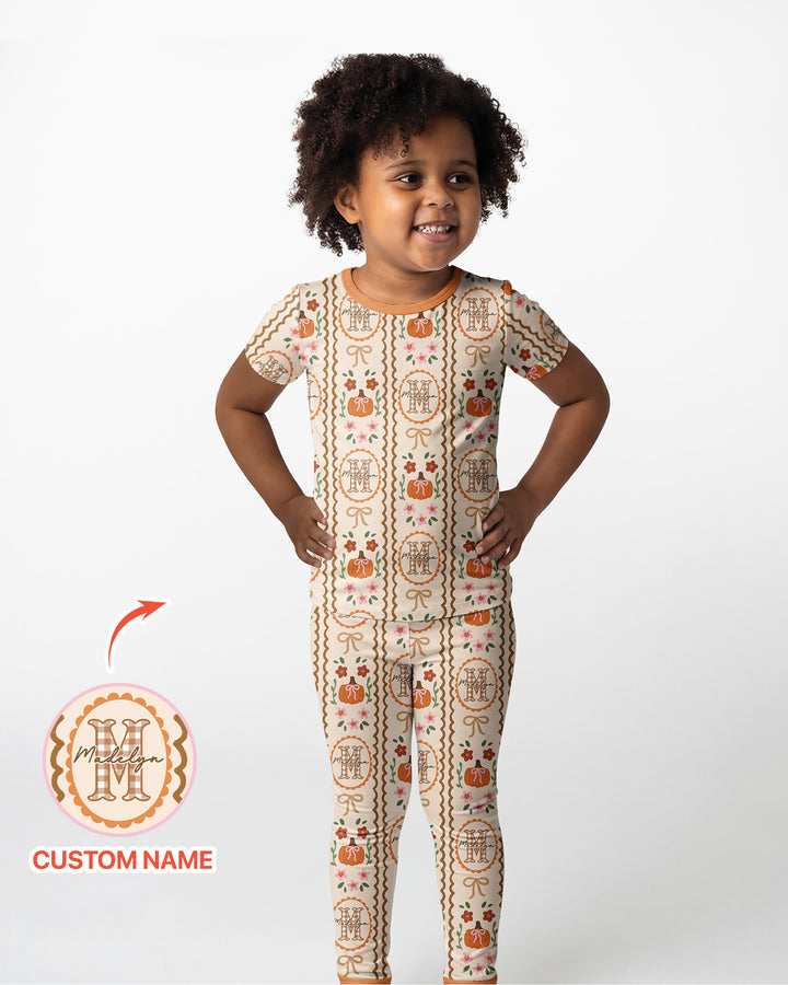 Custom Name Pumpkin Cottage Bamboo Two Piece Short Sleeve Pajama Set
