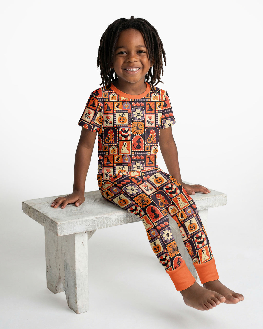 Retro Halloween Patchwork Icons Bamboo Two Piece Short Sleeve Pajama Set