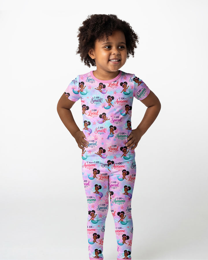 Black Mermaid I Am Strong Bamboo Two Piece Short Sleeve Pajama Set