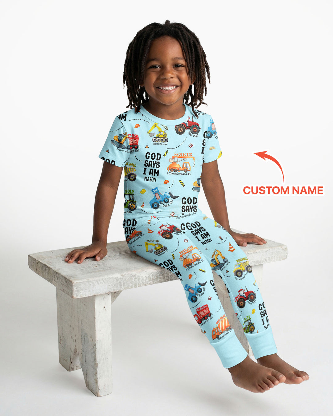 Conjunto de Pijama de Dos Piezas de Bambú para Niño con Manga Corta "God Says I Am" con Nombre Personalizado