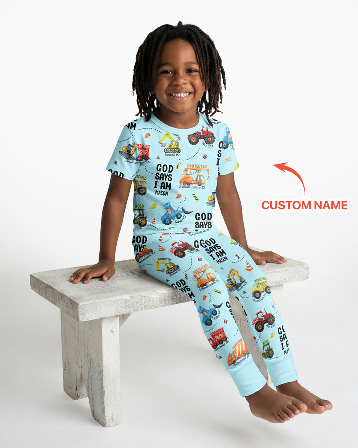 Conjunto de Pijama de Dos Piezas de Bambú para Niño con Manga Corta "God Says I Am" con Nombre Personalizado