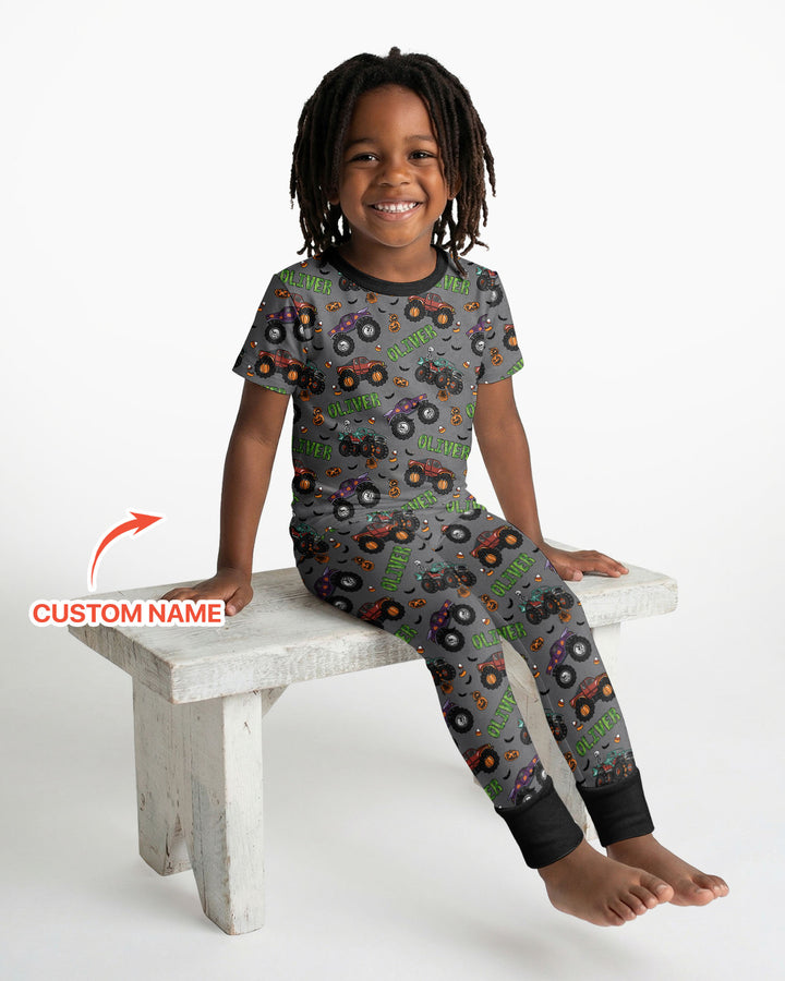 Custom Name Haunted Monster Trucks  Bamboo Two Piece Short Sleeve Pajama Set
