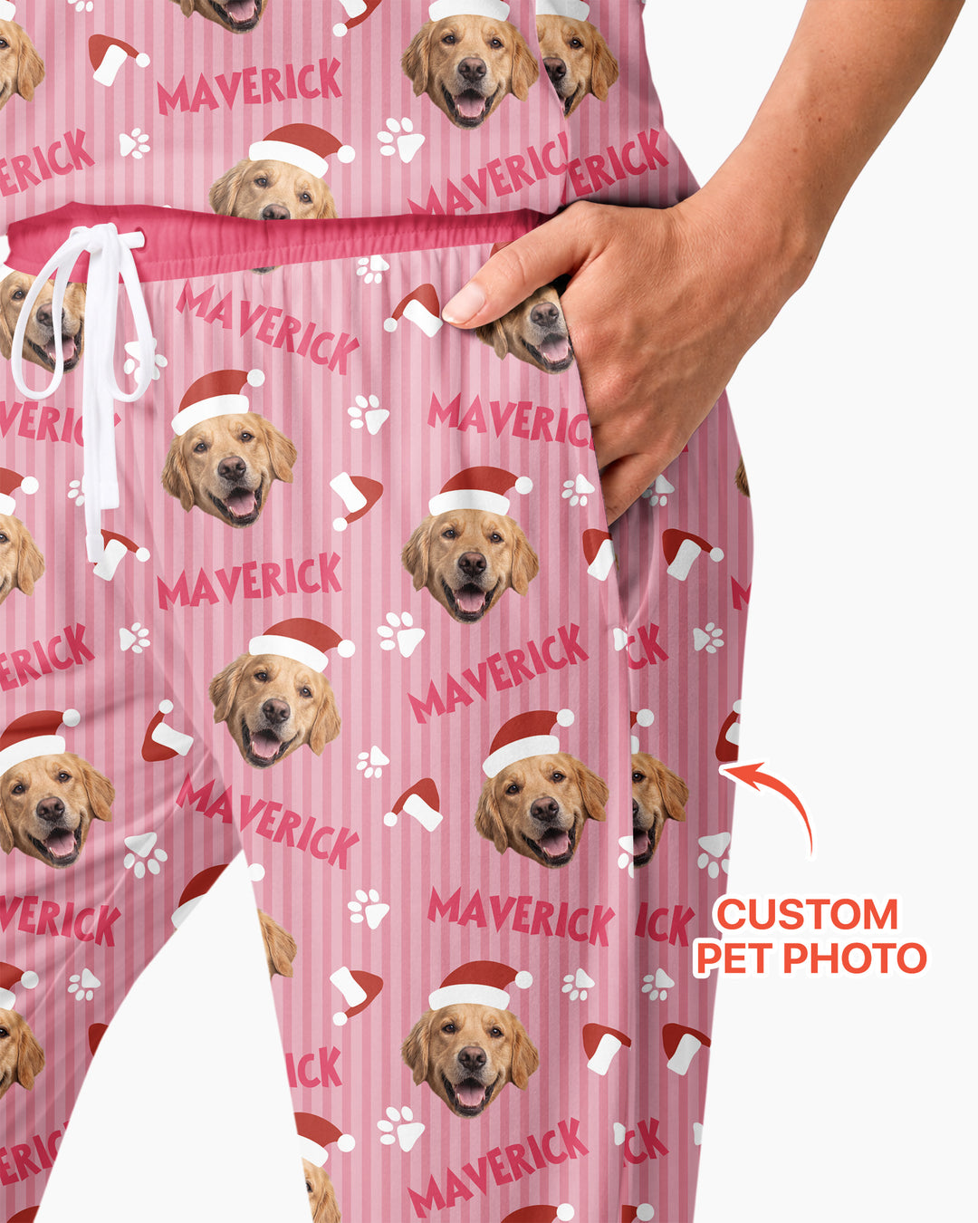 Custom Pet Photo Christmas Paws Stripe Bamboo Women Pajama Set