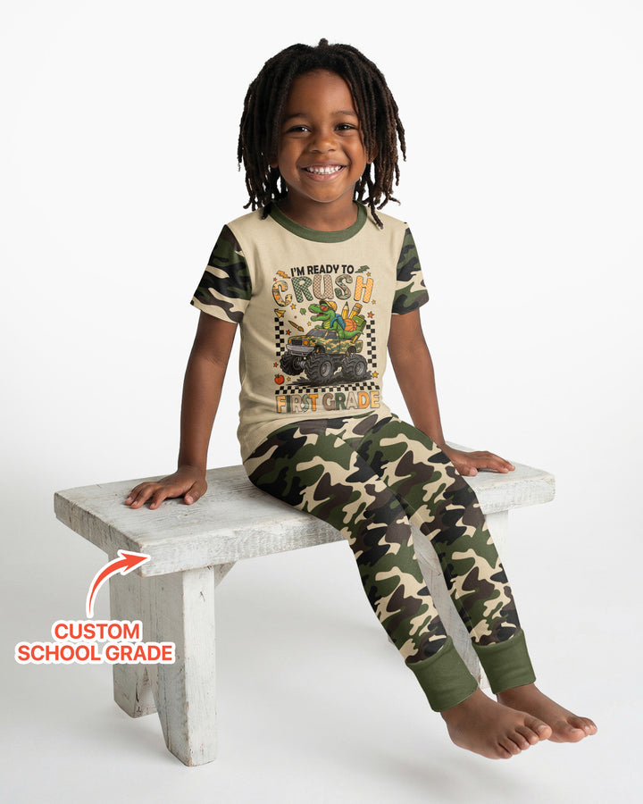 Back To School Monster Truck Dino Bamboo Two Piece Short Sleeve Pajama Set