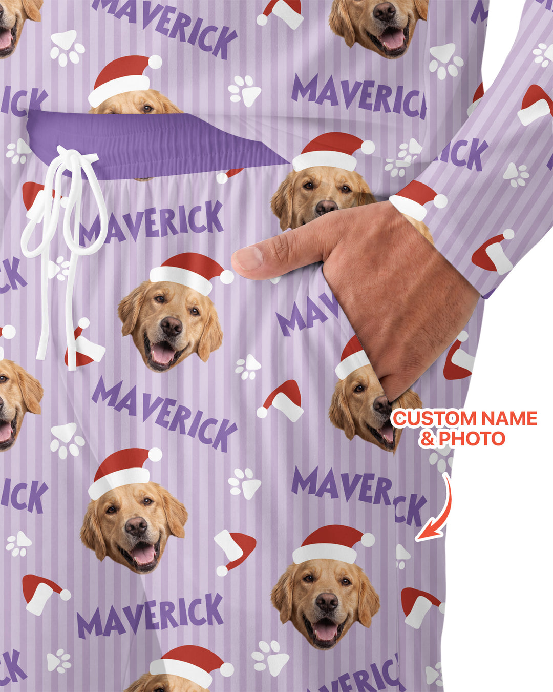 Custom Pet Photo Christmas Paws Stripe Bamboo Men's Pajama Set