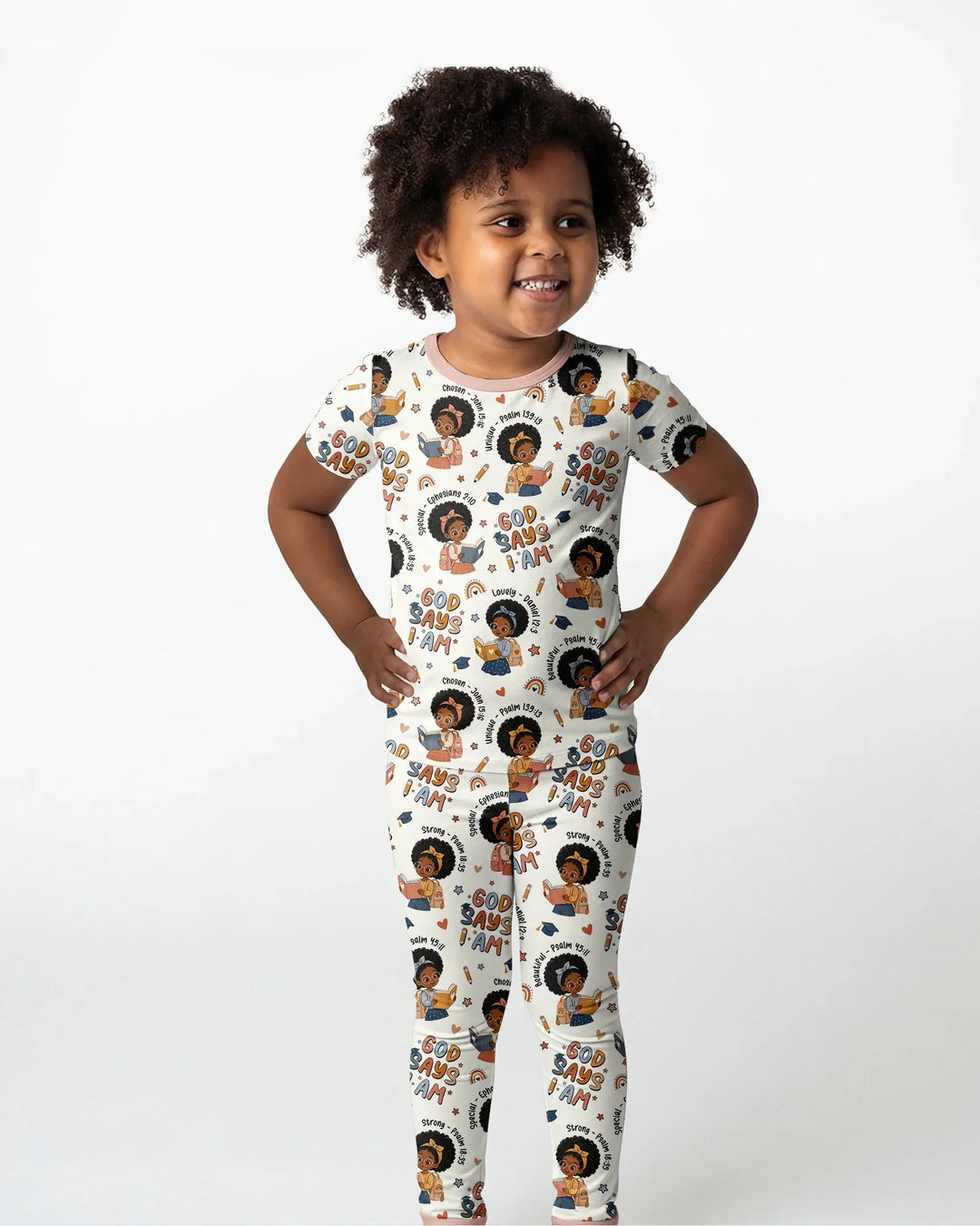 God Says I Am Cute Learning Afro Girl  Bamboo Two Piece Short Sleeve Pajama Set