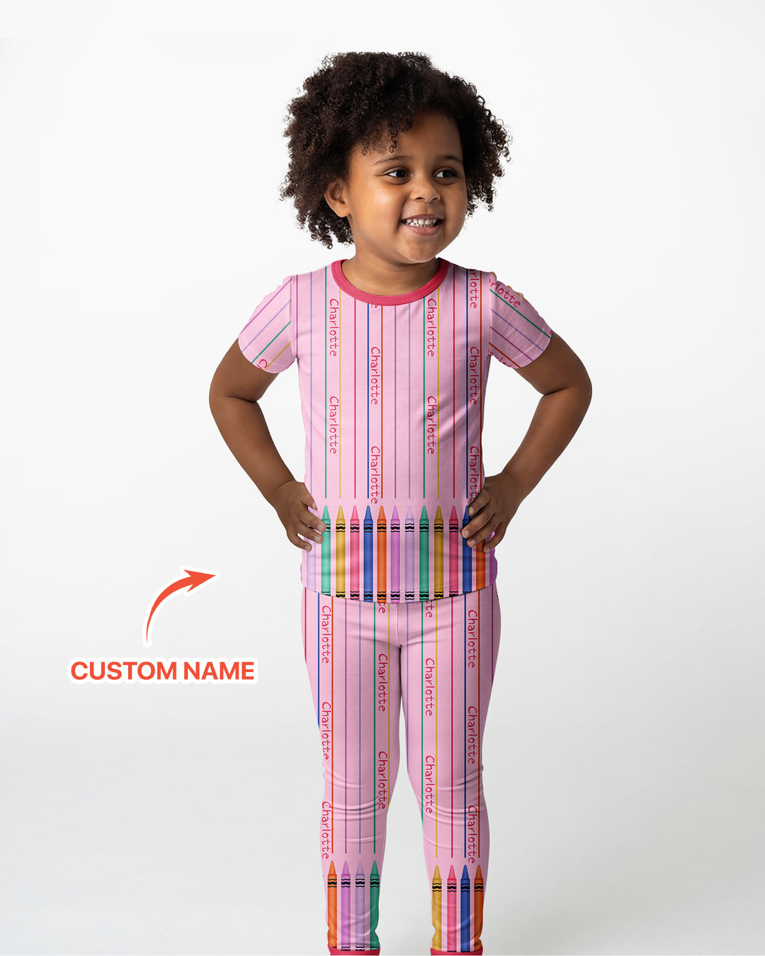 Custom Name Crayon Lines Bamboo Two Piece Short Sleeve Pajama Set