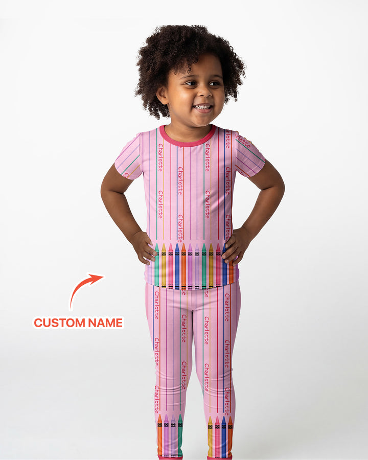 Custom Name Crayon Lines Bamboo Two Piece Short Sleeve Pajama Set