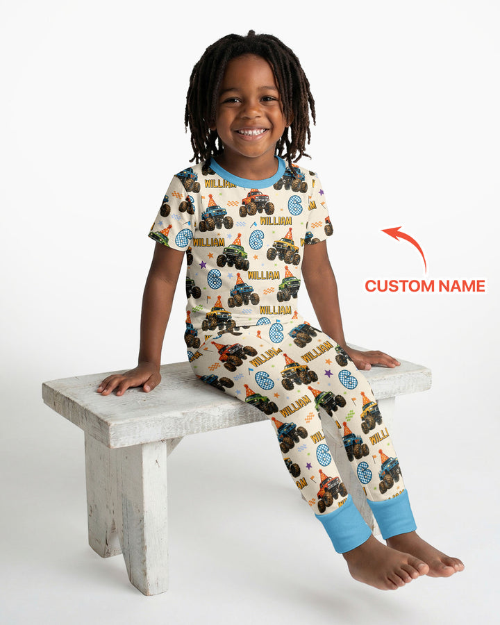 Custom Name Birthday Boy Monster Truck Bamboo Two Piece Short Sleeve Pajama Set