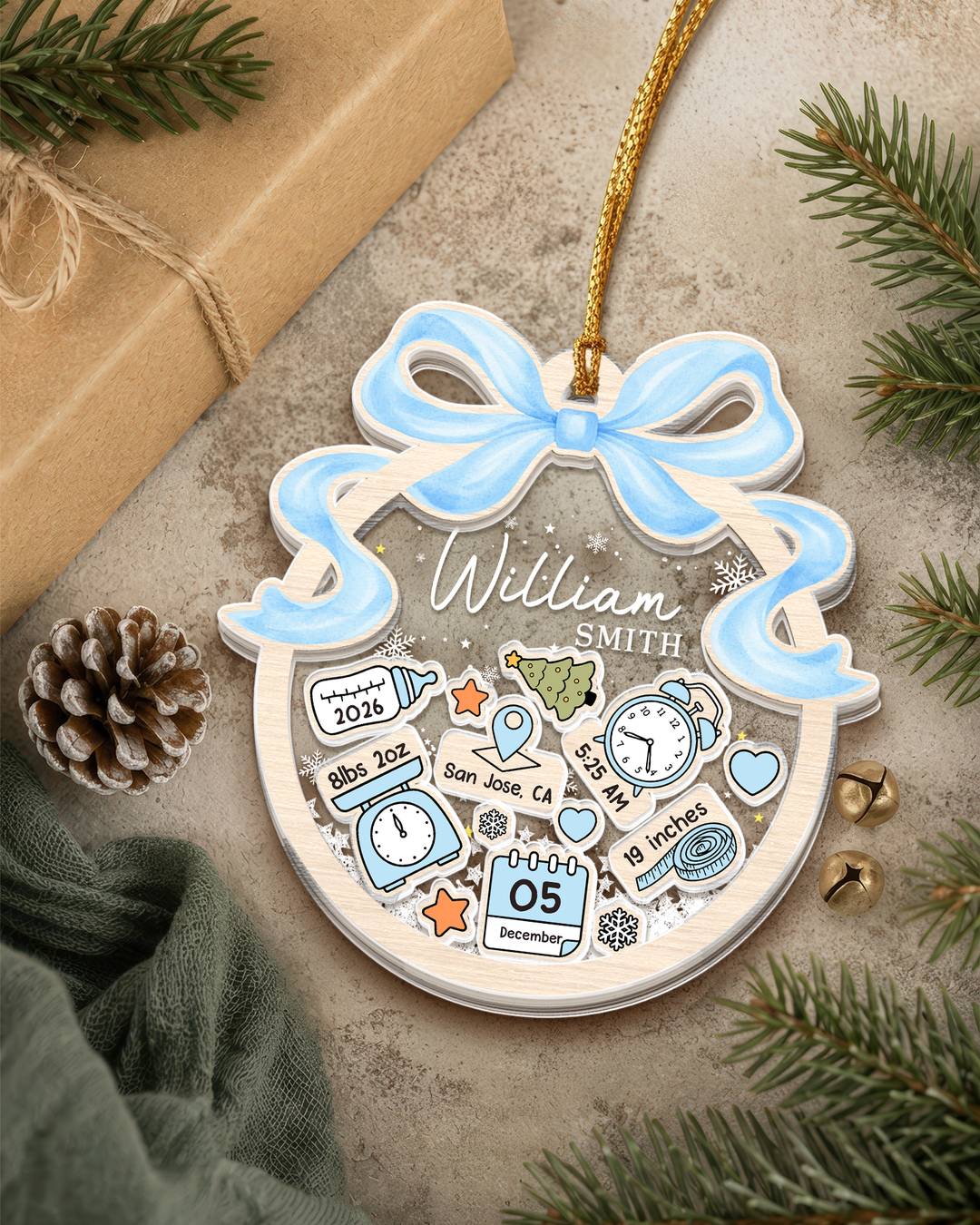 Personalized Baby's First Christmas Shaker Ornament-  Coquette Bow Newborn Keepsake