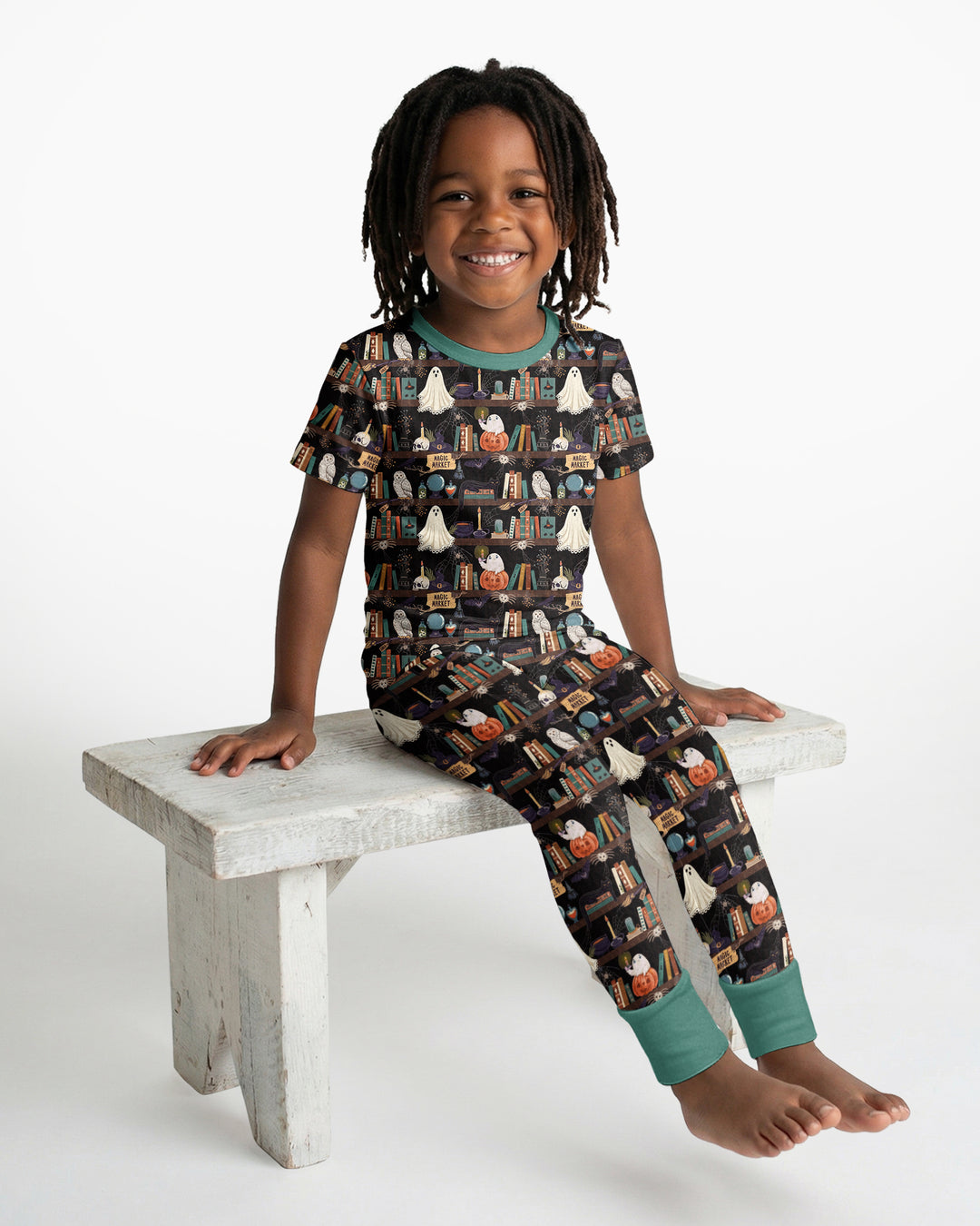 Cute Ghost Witchy Halloween Magic Library Bamboo Two Piece Short Sleeve Pajama Set