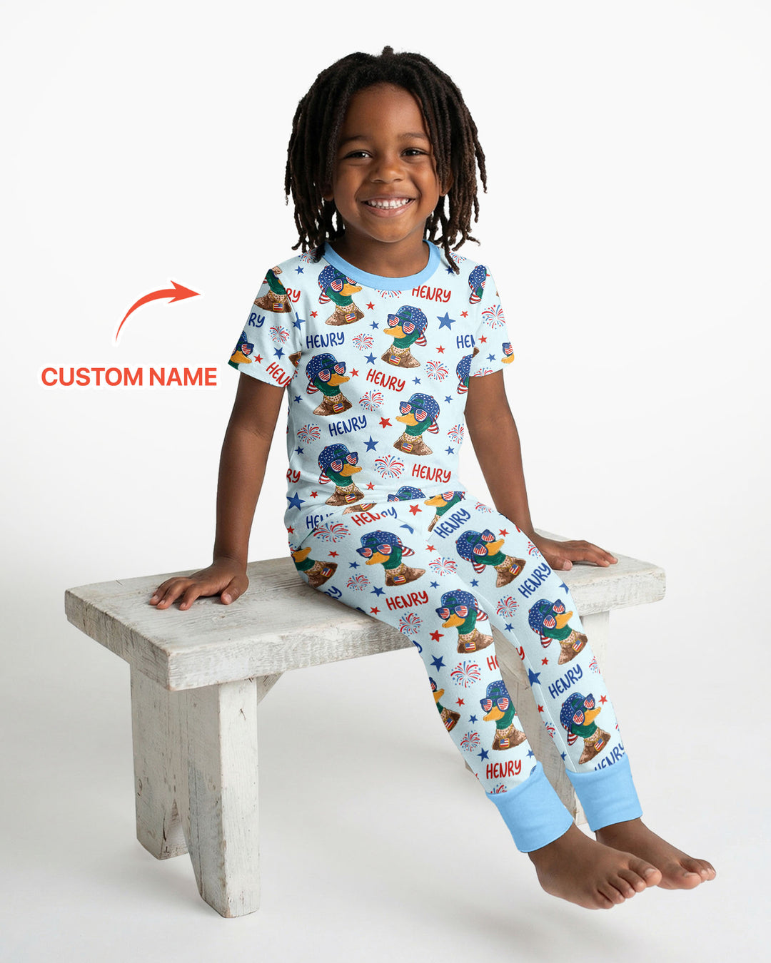 Custom Name Patriotic Mallard Duck Bamboo Two Piece Short Sleeve Pajama Set