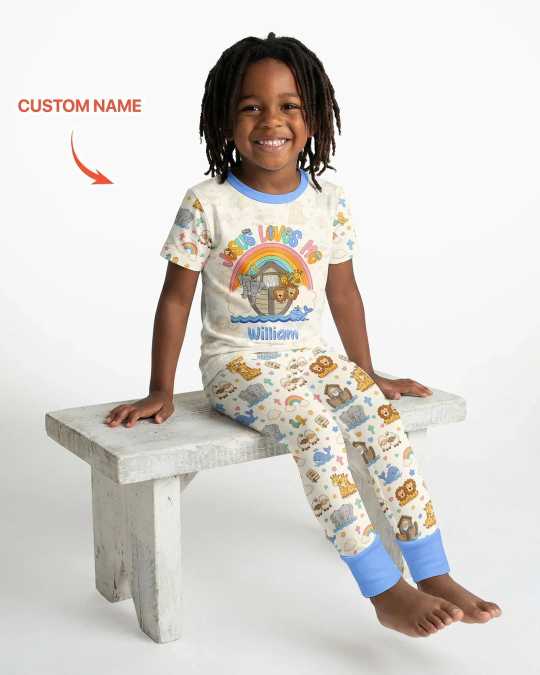 Custom Name Noah's Ark Jesus Loves Me Bamboo Two Piece Short Sleeve Pajama Set