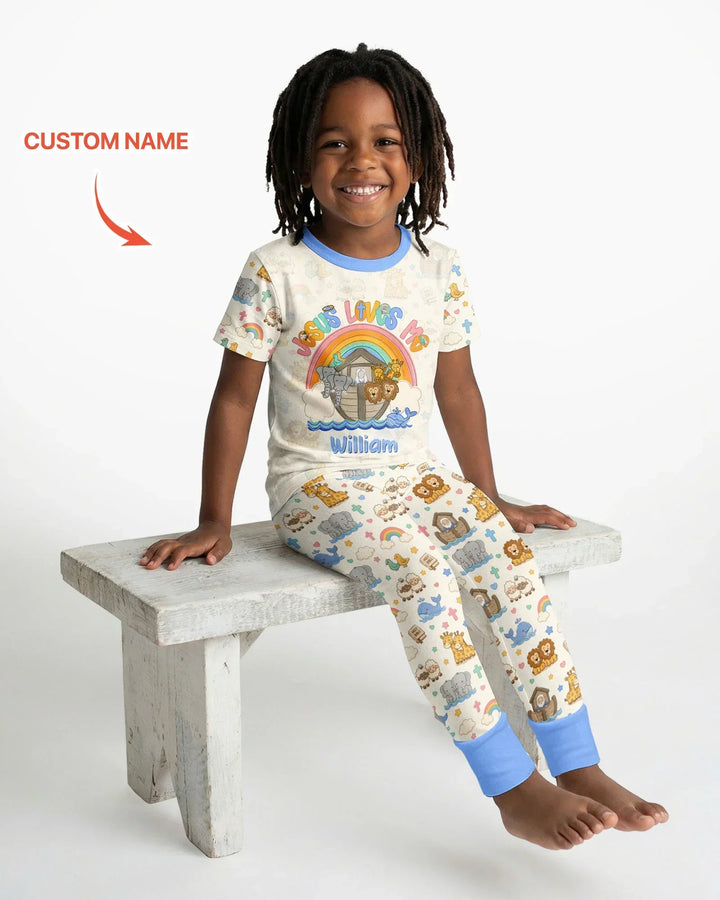 Custom Name Noah's Ark Jesus Loves Me Bamboo Two Piece Short Sleeve Pajama Set