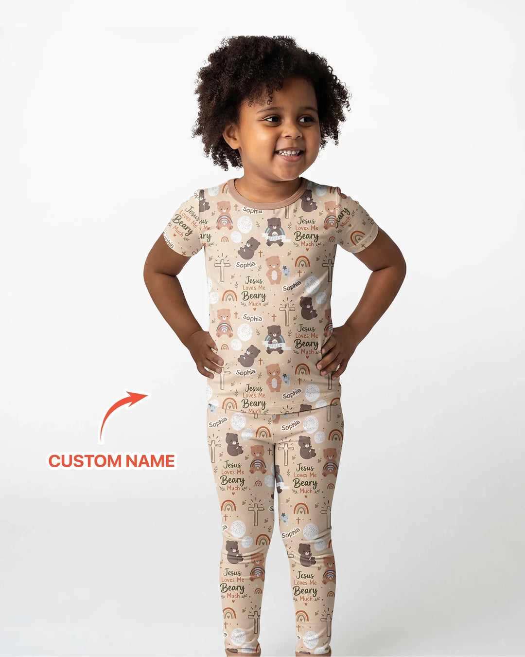 Custom Name Jesus Loves Me Beary Much Bamboo Two Piece Short Sleeve Pajama Set