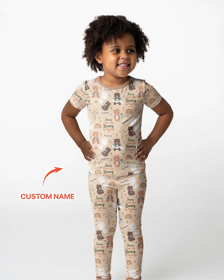 Custom Name Jesus Loves Me Beary Much Bamboo Two Piece Short Sleeve Pajama Set