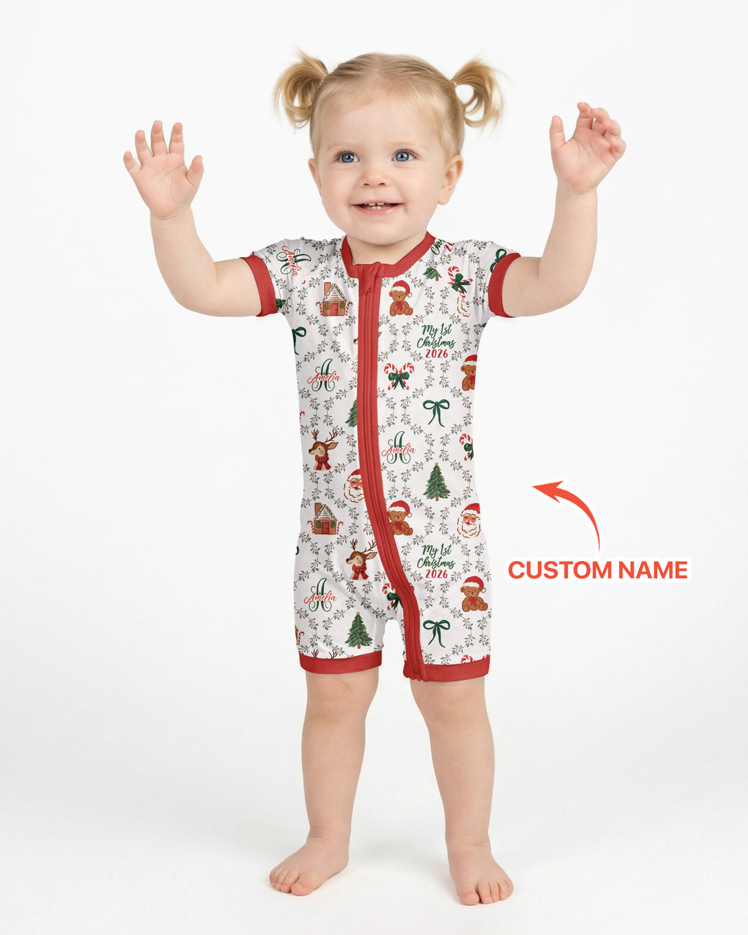 Custom name "Fancy Monogram Red Christmas 2026" Bamboo Shorty Zippy