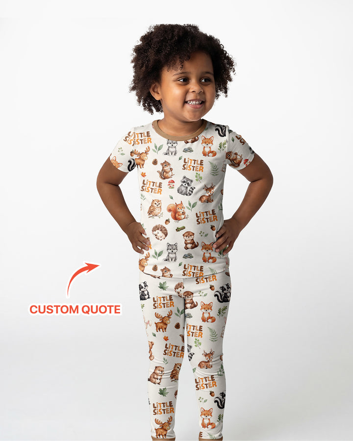 Custom Quote Woodland Animal Matching Sibling Bamboo Two Piece Short Sleeve Pajama Set