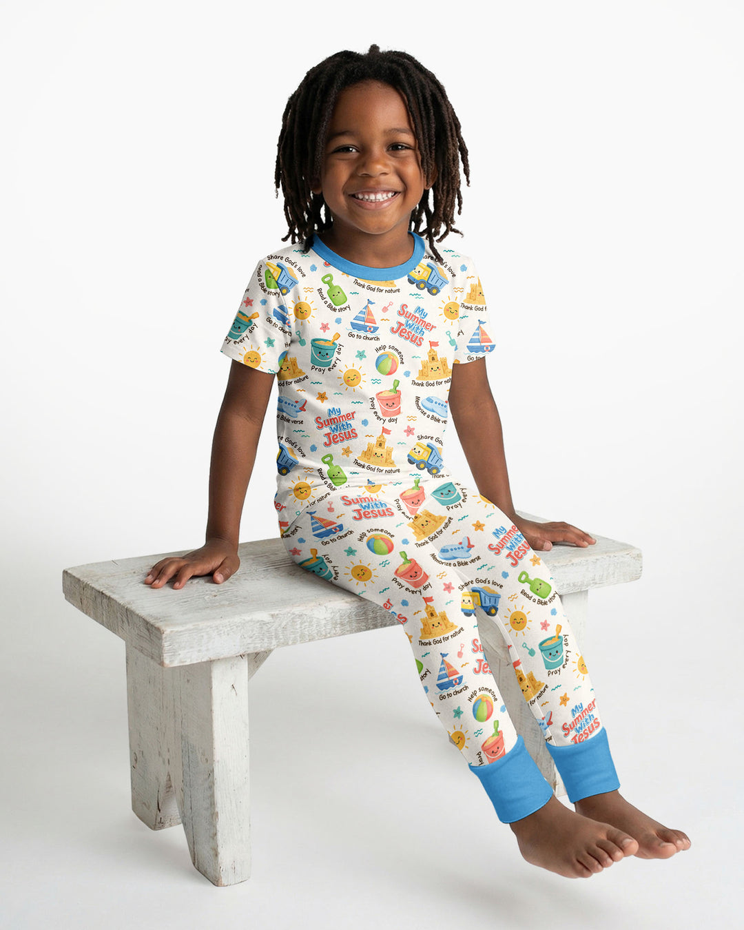 Colorful Summer Beach With Jesus Bamboo Two Piece Short Sleeve Pajama Set